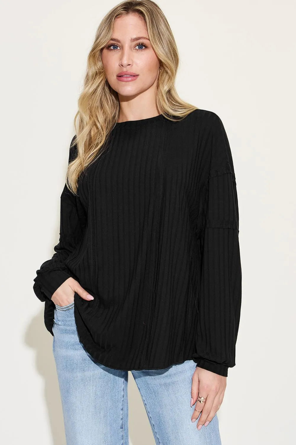 Basic Bae Full Size Ribbed round Neck Long Sleeve T-Shirt