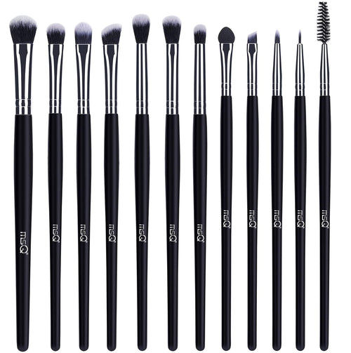 12-Piece Professional Eye Makeup Brush Set with Soft Synthetic Bristles and Extended Wooden Handles for Eyeshadow, Eyelash, Eyebrow, Eyeliner, Blending, and Concealer (Black)