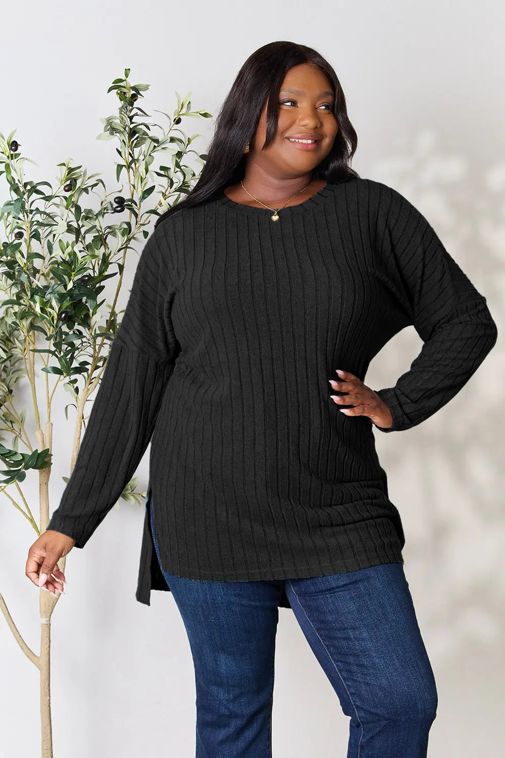Basic Bae Full Size Ribbed round Neck Long Sleeve Slit Top