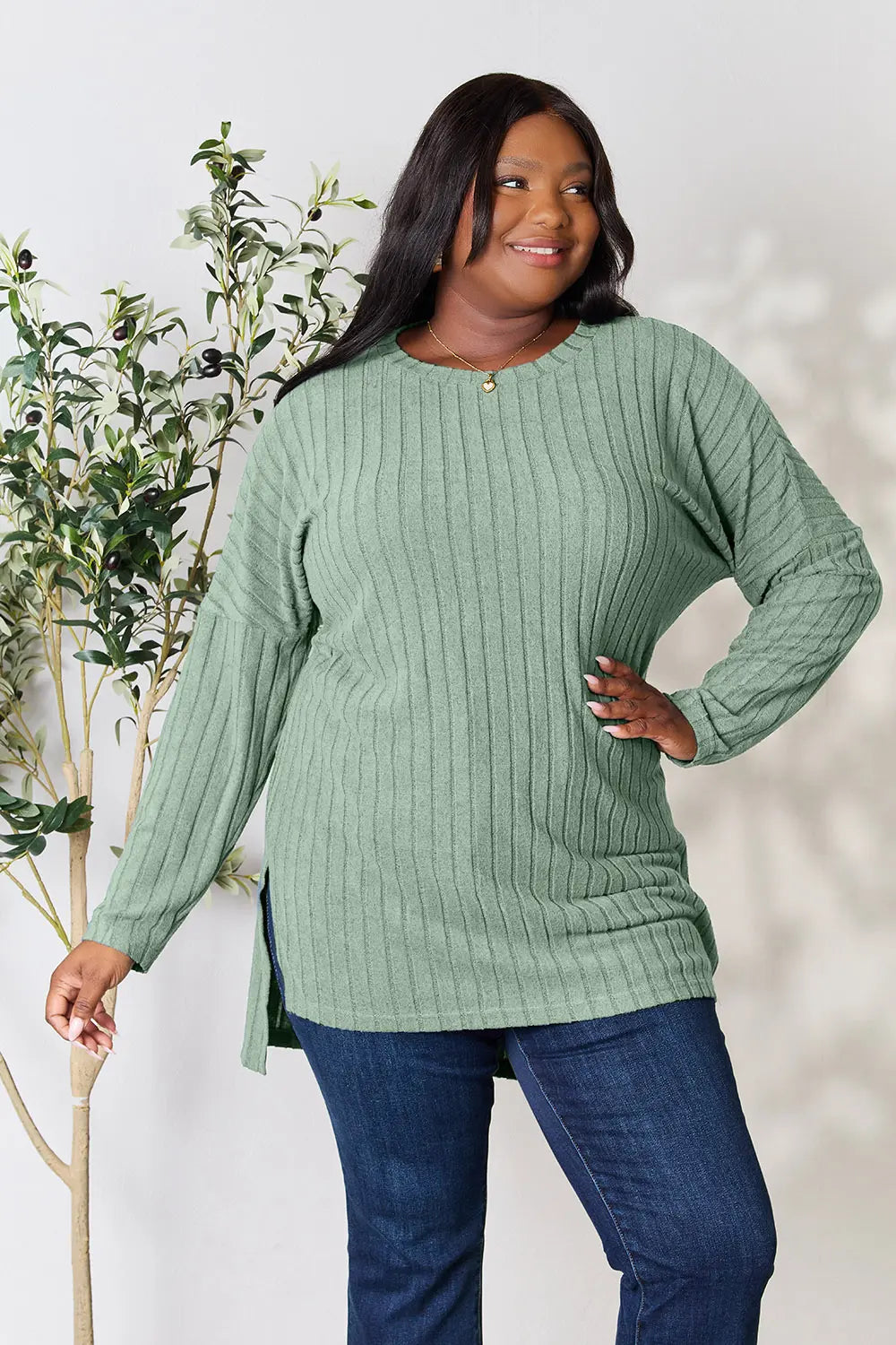 Basic Bae Full Size Ribbed round Neck Long Sleeve Slit Top