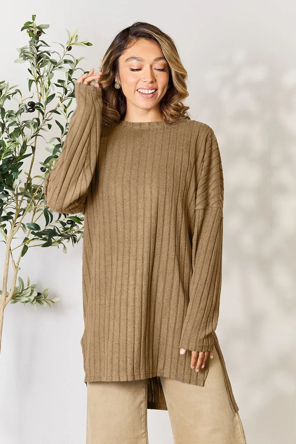 Basic Bae Full Size Ribbed round Neck Long Sleeve Slit Top