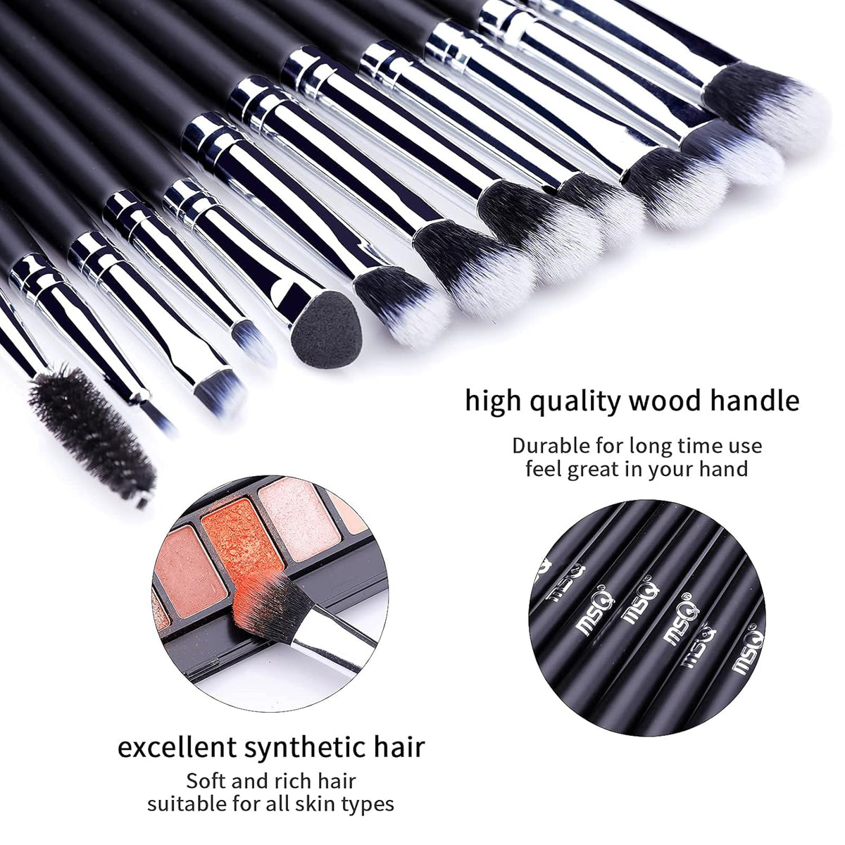12-Piece Professional Eye Makeup Brush Set with Soft Synthetic Bristles and Extended Wooden Handles for Eyeshadow, Eyelash, Eyebrow, Eyeliner, Blending, and Concealer (Black)